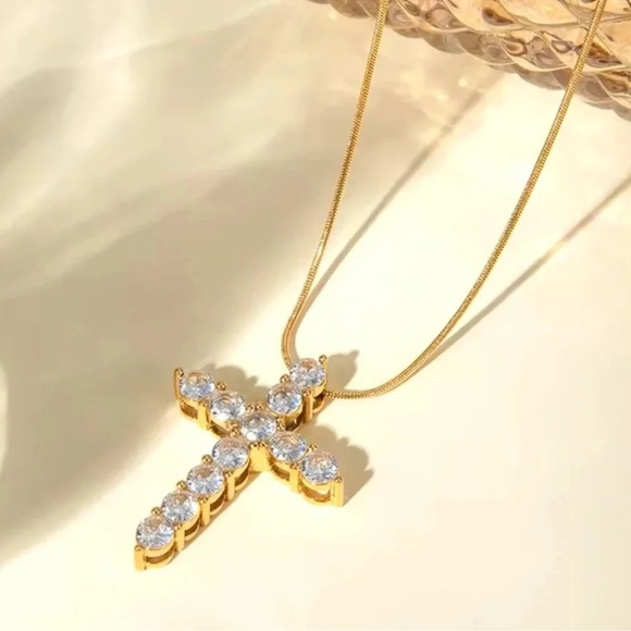 Diamond Cross 18K Gold Stainless Steel Waterproof Necklace - Picture 1 of 6